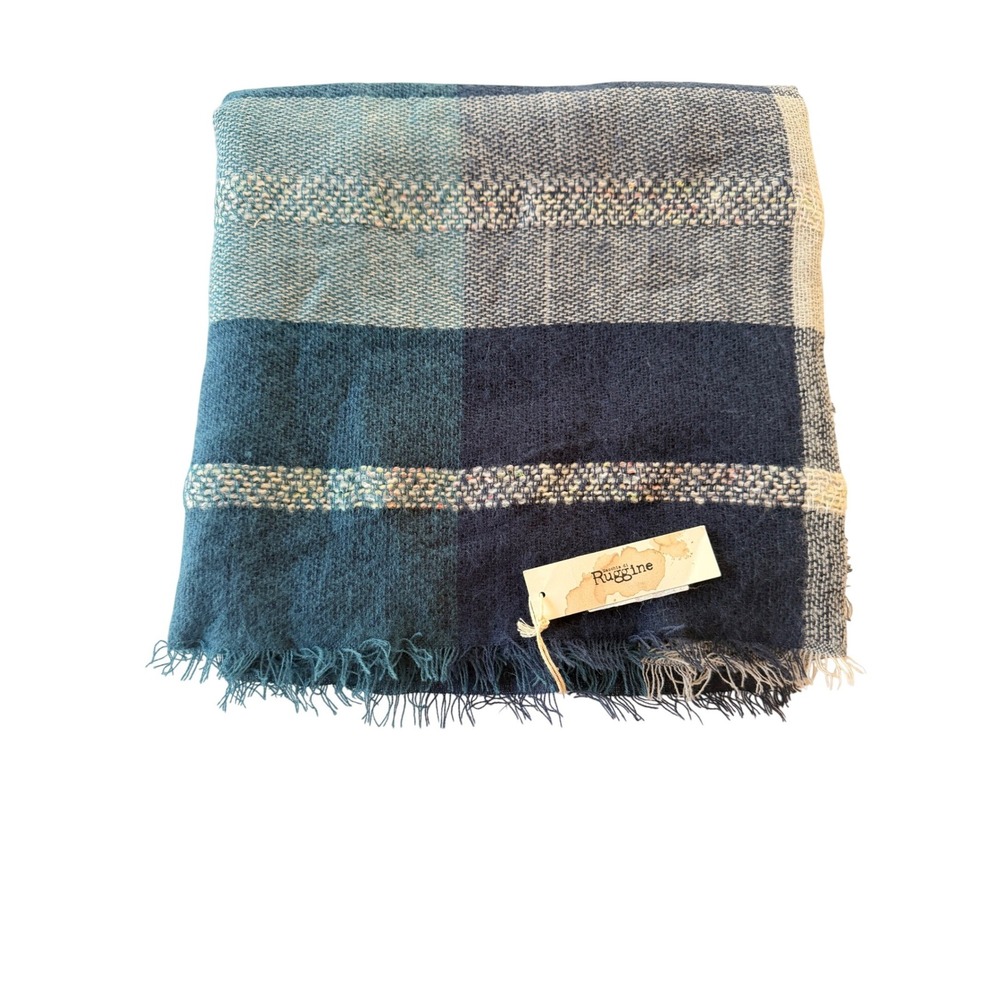 Ruggine Blue Plaid Blanket Scarf Oversized Fringed Shawl Wrap‎ New with Tags
